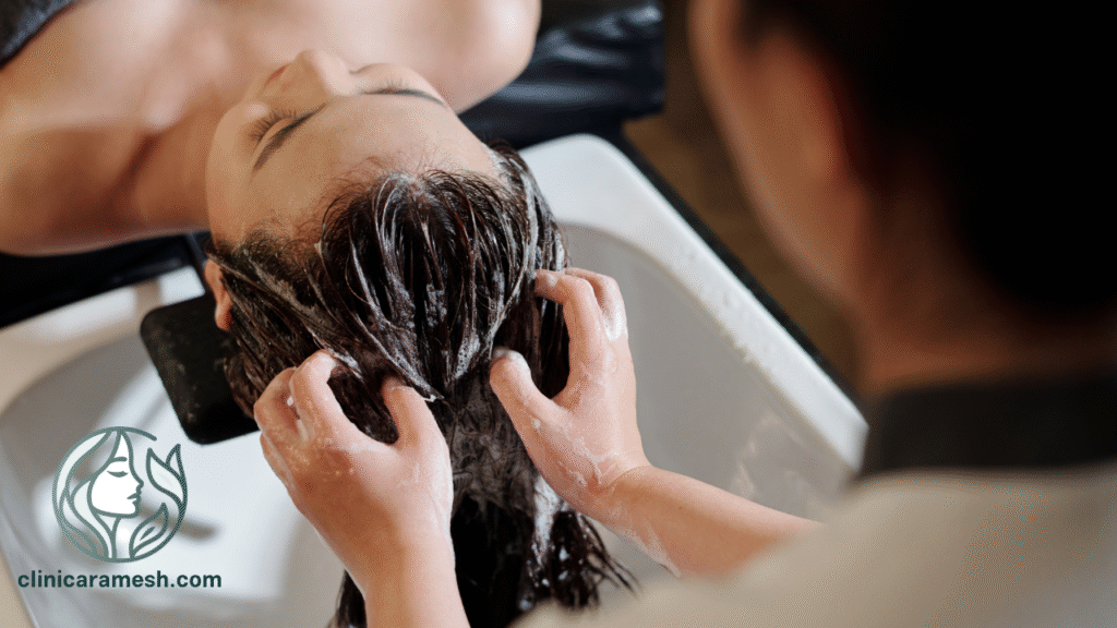 A woman exfoliating her scalp