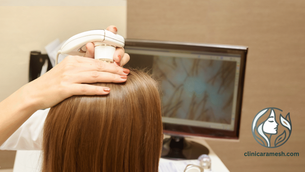 A woman having her scalp analyzed with a device