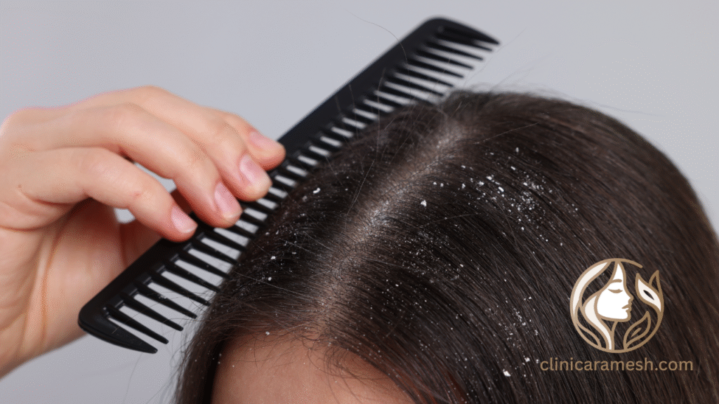 Close-up of a scalp with white flakes and redness caused by scalp psoriasis