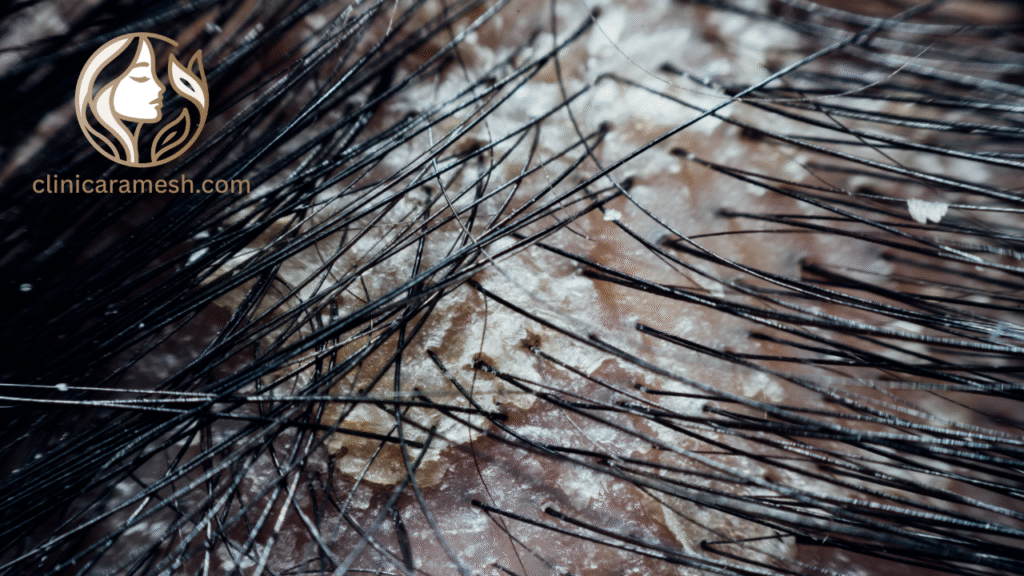 Detailed image showing thick scaly patches and buildup on the scalp affected by psoriasis