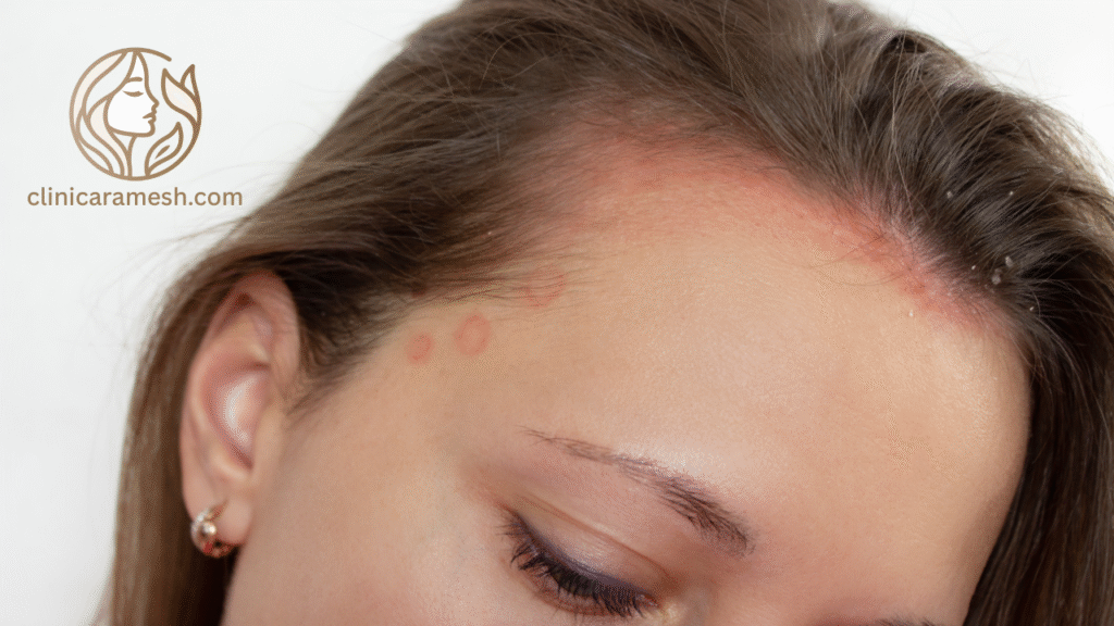 Detailed image showing inflamed scalp skin with thickened, scaly patches caused by psoriasis