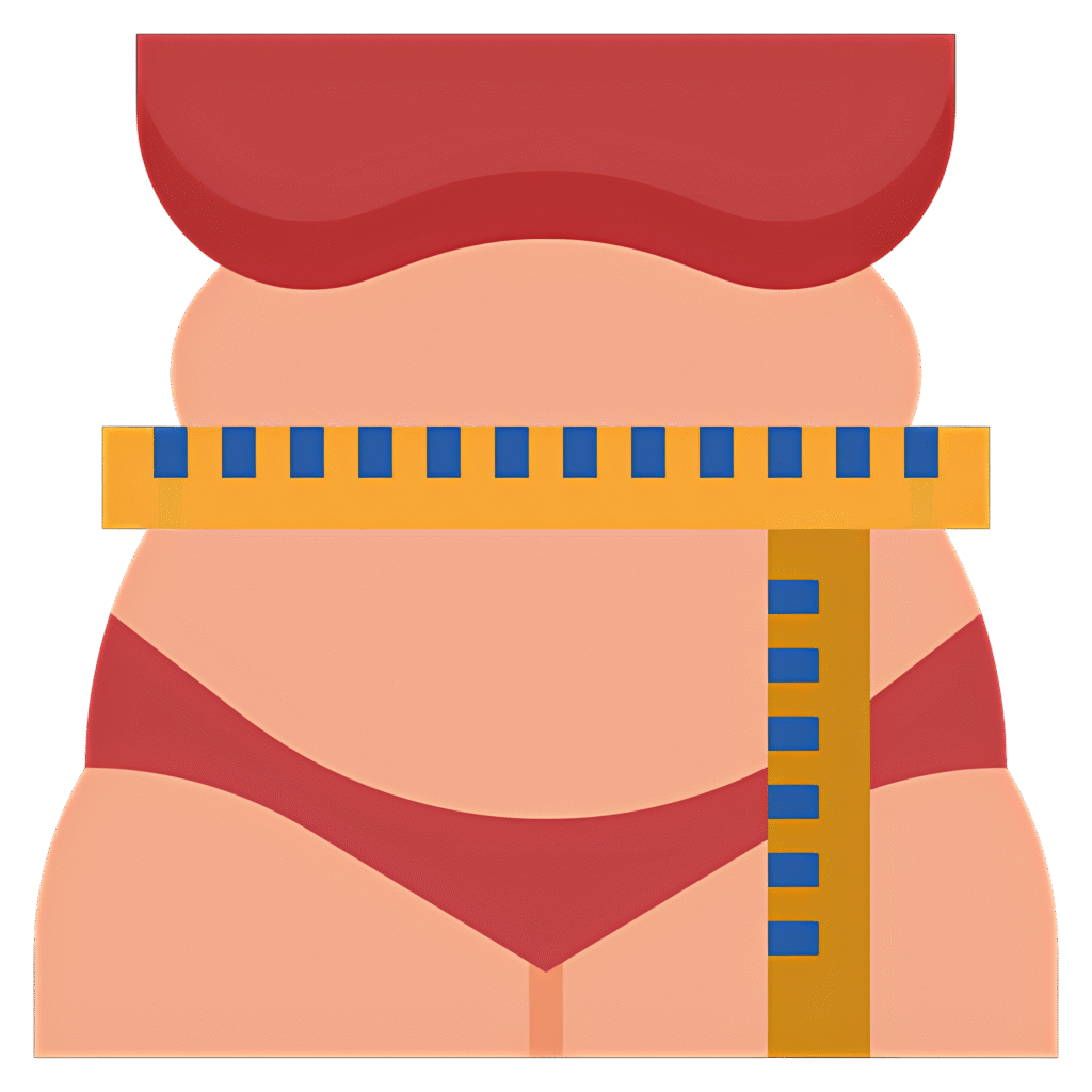 overweight cartoon character with a measuring tape tightly wrapped around the waist, symbolizing weight loss and body measurement